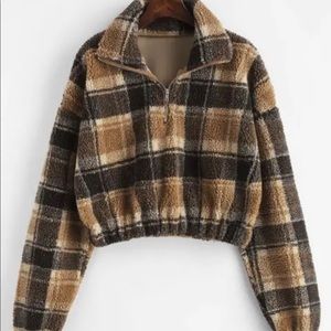 Zaful Plaid Quarter Zip Cropped Pullover